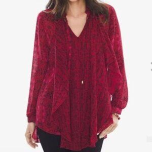 Chico’s Women Size 1/8-10 Floral Sheer Chiffon Long Sleeve Layered Tie Front Top